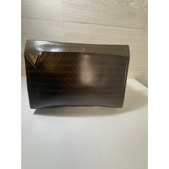 Authentic Valentino Brown Leather Monogram‎ Clutch Bag With Gold V Logo & Zipper - Picture 8 of 11